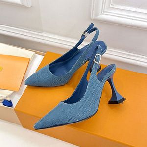 Flared Ferse Slingbacks Pumpen Frauen berühmte Designerschuhe Sommer Sandalen Blau Jeans Vintage Dress Schuhe spitzer Zehenkalbleder Büroschuhe Top Spiegel Qualität Qualität