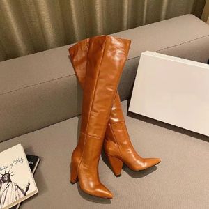 Plus Size 35-41 Patent Leather Women Over The Knee Boots Pointed Toe Ladies Square High Heel Boots Black Brown Wine Red