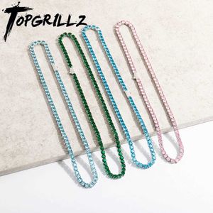 Tennis TOPGRILLZ Hip Hop Classic Colorful 5MM Tennis Chain Waterproof Colorful Reserve Necklace Ice Blue/Green/Pink Cubic Zirconia d240514