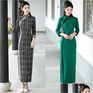 Roupas étnicas VINTAGEM VINTAGEM DRESSO TRADISIVADO AUTONO DE MANAGEM LONGA CHEONGSAM MULHERES ELEGENTES Temperamento Oversize vestidos dro dhjs0