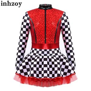 Tanzkleidung Girls Racer Racing Driver Kostümboard Langschläfe Pailletten Patchwork Patchwork überflutet Jumpsuit Halloween Cosplay Party Outfitl2405