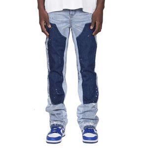 Nya mäns jeans med kontrasterande färger, tvättade och lapptäckbyxor M515 50