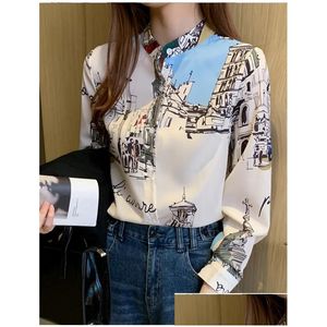 Camisas de blusas femininas Tops impressos vintage Mulheres Camisa de manga longa de chiffon Autumn 2022 Designer Office Office Lady Drop Deli Dhdwv