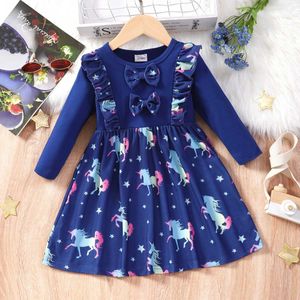 Girl's Dresses 2023 Childrens and Girls Clothing Printed Bow Long Sleeve Party Princess Dress 3 4 5 6 7 Cartoon Cute Childrens Clothing d240515