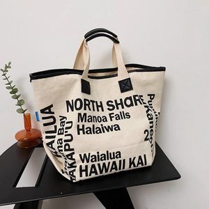 Drawstring Shopping Bag Casual Tote For Women Quality Canvas Portable Handbags Letter Printed Brand Shoulder Large Travel Beach