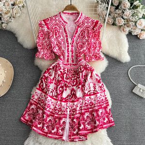 Jameray Pist Kırmızı Mavi Beyaz Porselen Çiçek Mini Elbise Kadınlar Kısa Knapısı Tek Göğüs Retro Tatil Elbise Partisi Tank Top 240509