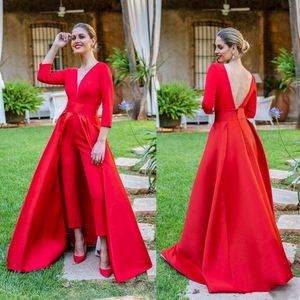 Röd jumpsuit kvällsfest formell tillfälle klänningar 3 4 långa ärmar prom klänningar med löstagbar tåg vestidos 2963