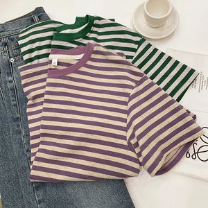 Summer Short Sleeve Striped TShirts Versatile Women Knitted Basic Casual Tops Female Cozy Loose Cotton Tees 2023 Harajuku Shirt 240506