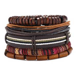 Handmade Wooden Beaded Leather Charm Bracelets 5pcs Jewelry Set Adjustable Party Club Decor For Men Women Bangle