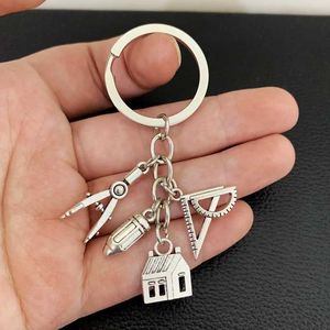 Keychains Lanyards New House Key Ring Compass Lineal Schlüsselketten -Immobilienarchitekt Keychain Ingenieur Ingenieurstudent Zeichnung Geschenke Y240510pi2r