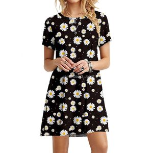 Womens 3D Printed Floral Pattern Round Neck Short Sleeved Dress For Women