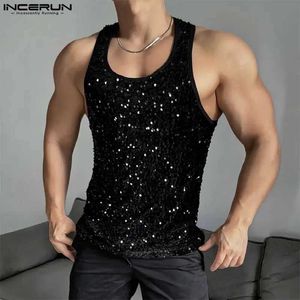 Men's T-Shirts Mens tank top with glittering sequins O-neck sleeveless casual mens street clothing 2024 summer fashion party Q240514