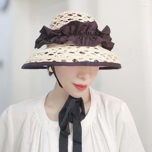 Chapéus de aba larga Mulheres cloche Straw Hollow Out Style Sun Hat Hat Dome Long Rinbbon Tie Summer Beach