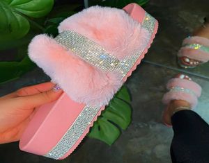 Bling Women039S Slippers Slippers Fur Slides for Woman Rhinestones Outdoor Flat Women Platform Sandals أحذية عرضية بالإضافة إلى حجم 436891707