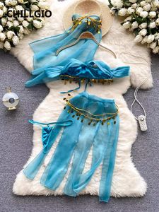 Chillgio Women Seksowne przezroczyste cekinowe garnitury spódniczne Egzotyczna moda vintage erotyczna bielizna nocna odzież nocna 4 sztuki piżamę Zestaw 240430