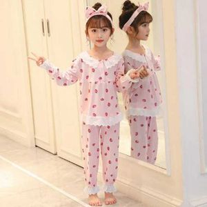 Pyjamas vår- och höstflickor Pyjama Set Childrens hemkläder Pyjamas Bomull Långärmad spets söta barnprinsessan Pyjamas/Pyjamas D240515