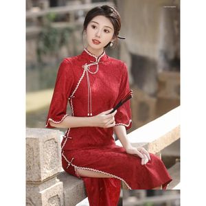 Etnik Giyim Fzslcyiyi Kırmızı Vintage Parlama Kollu Şifon Kadınlar Qipao Çin Mandarin Yakası Femme Dantel Cheongsam Elbise Damla Deliv DHPTV