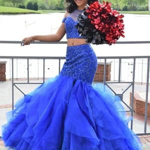 Party Dresses VRoyal Blue Mermaid Prom Sexy Two Pieces Tulle Long Dress Glamorous Lace Applique Beaded Formal Evening