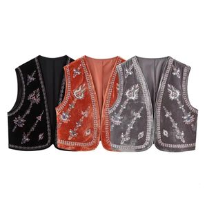 Woman Vintage Sequins Embroidered Waistcoat Casual Vneck Open Front Sleeveless Cropped Tops Female Elegant Boho Vest Jacket 240513