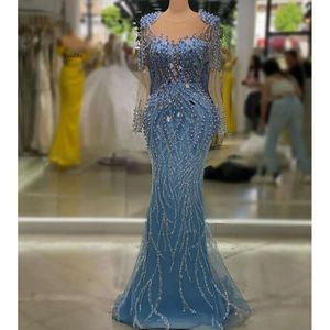 2023年8月Aso ebi Sky Blue Hermaid Prom Dress Pearls Invinder Formal Party Second Recestent Birthday Engagement Gowns Dodes Robe De Soiree ZJ7119 ES 0515