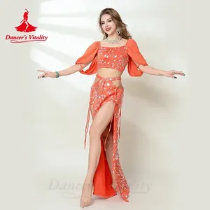 Scen Wear Belly Dancer Costume For Women Half ärms Topptryck Lång kjol 2st Vuxen Oriental Dancing Performance Clothing