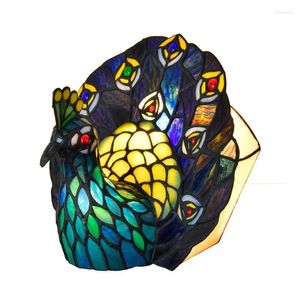 Table Lamps European-Style Tiffany Stained Glass Green Peacock Decoration Small Lamp Bar Club Living Room Bedroom Bedside E14