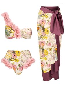 Conjunto de biquíni de renda de um ombro 2024 Moda feminina Fashion Swimwear Summer Floral Print Swimsuits e Concobrem roupas de banho em estilo de praia