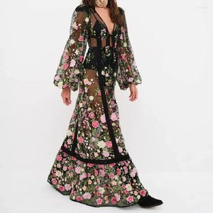 Women's Sexy Holiday Bikini Cover-Ups Beach Flower Embroidery Dress Long Sleeve See Through Mesh Sheer Dresses