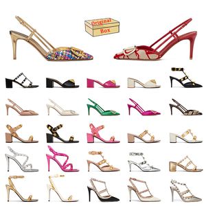 Valentino Designer Sandals Womens Ladies High Heels Rivet Studded Pointed Peep-toes Pumps Black Pink Nude Silver【code ：L】Slingback Heel Sandale