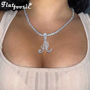 Tennis Flatfoosie New Ice Out A-Z Original Curve Letter Necklace Womens Sparkling Zircon Tennis Chain Necklace Fashion Jewelry d240514