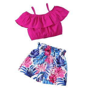 Roupas Conjuntos de roupas infantis de roupas de verão sem mangas para meninas de 2 a 8 anos Ruffles colete tops Flowers Prints shorts praia use roupas de duas peças