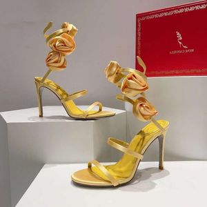 Качество топ -rene caovilla на высоком каблуке сандалии шелковая змея, обернутая лодыжка, модель, платье, атласный цветок