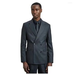 Mens Suits Blazers Costume Homme Dark Grey Double Breasted Men Slim Fit 2 Piece Set Blazer With Pants Classic Fashion Senaste Design DHRH6