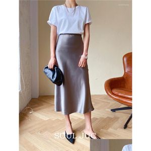 Grundläggande casual klänningar Silk Satin för kvinnor Hög midja kjol A-line Elegant sommarrosa Midi Korean Style Drop Delivery Apparel Wo Dhdzi