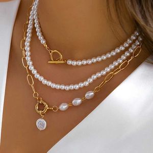 Chokers Elegant Pearl Multi-Layer Necklace Minimalist Pearl Gold Necklace Lämplig för flickor smycken Trend Semesterbröllopspresent D240514