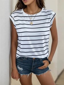 JIM NORA Womens Korean Retro Style Casual Striped Summer Sleeveless Shirt Round Neck Elegant Fashion Temperament TShirt 240506