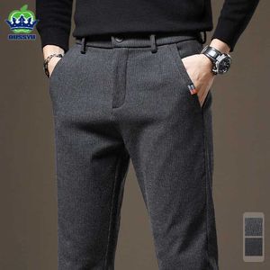 Erkek pantolon yüksek kaliteli pinstripe rahat pantolon erkek pamuk streç moda işi siyah gri sonbahar kış kalın pantolon artı boyut 28-38 y240514