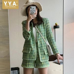 Elegant Women Plaid Tweed Jacket Fashion Office Ladies Long Sleeve Slim Fit Suit Coat Female Leisure Autumn Retro Green Jackets 240514