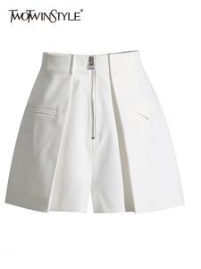Zweier style solide lässige Patchwork Reißverschluss kurz für Frauen hohe Taille Spleißtasche Minimalistische Shorts weibliche Modestil 240514
