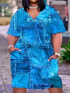 LW Plus Size Dress Imitation Denim V Neck Pocket Design Dres Tshirts Summer Loose for Womens Vestidos 240506