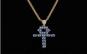 Blue Color Egyptian Ankh Key of Life Necklace 18K Gold Plated Copper Pendant Cubic Zirconia Hip Hop Jewelry5737187