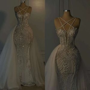 Mermaid Dresses Cross Neck Crystal Pearls Wedding Dress Sweep Train Robe De Mariee Bridal Gowns 0515