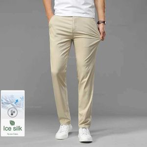 Men's Pants Summer Ultra-thin Mens Ice Silk Casual Pants Soft Comfortable Solid Color Elastic Business Straight Trousers Brand Biege Khaki Y240514