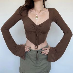 Zoki y2k T Shirt Frauen sexy geschnittene Flare -Ärmel Tops American Retro weibliche Kordelschlank