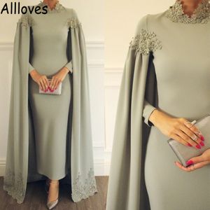 Muslimska Dubai Arabic Middle East Evening Dresses With Cape Wrap Sage High Neck Lace Appliqued Prom Party Downs Long Sleeves Marockan Kaf 169n