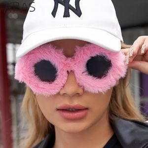 Fashion Soft Fur Round Sunglasses Women 2024 Trends Punk Velvet Sun Glasses for Female Vintage Big Frame Handmade Eyewear Shades 240515