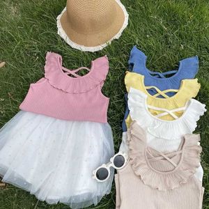 Vest Ruffled Tank Top 2024 Summer New Girls Ear Solid Color Full Matching Pit Sweet Top WSnyl2405