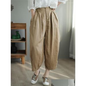 Women'S Pants Capris Womens Female Flax Harem Spring Summer Retro Loose Solid Color Casual Trousers 2023 Original Ladies Elastic W Dhwcu