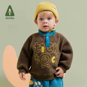 Pullover Amila Baby Boy Hoodie 2023 Winter New Multi Color Vertical Collar Wool Soft and Comfortable Embroidered Baby ClothingL240502