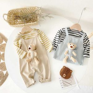 Overalls Sanlutez autumn long sleeved baby boy and girl jumpsuit cute bear baby unisex clothing jumpsuit striped casual cotton d240515